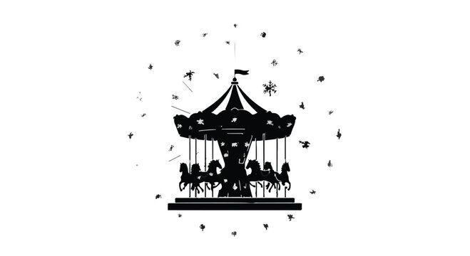 Classic carousel ride with horses is rendered in a black silhouette, surrounded by small stars and dots, evoking a whimsical and festive atmosphere.