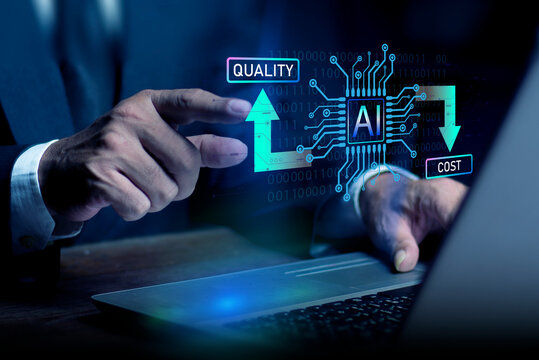 Cost and quality control, Businessman use computer laptop with quality control growth graph and cost reduction. Analysis of Artificial Intelligence Impact on Quality and Cost.