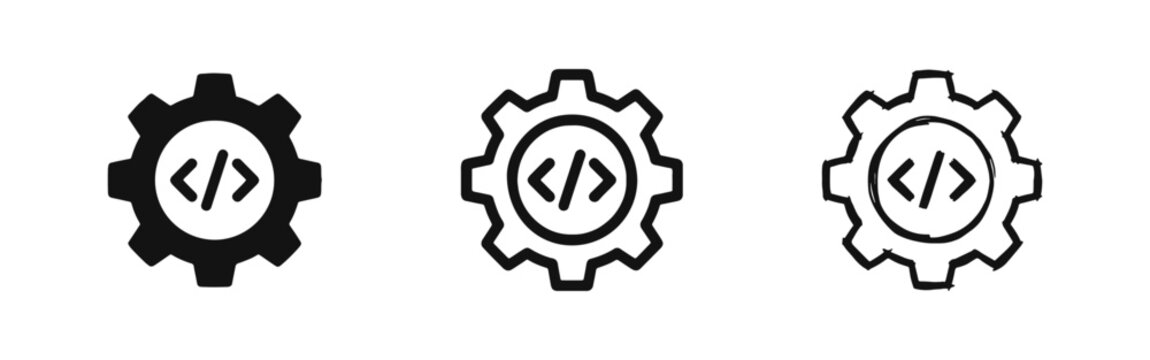 Software Coding and Web Development Icon Set Featuring Gear and Brackets in Multiple Styles