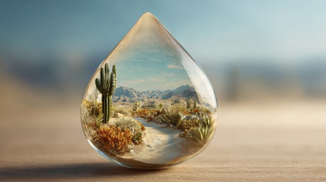 Desert landscape with cactus and mountains viewed through a glass droplet, creating a surreal miniature scene with reflections and natural elements