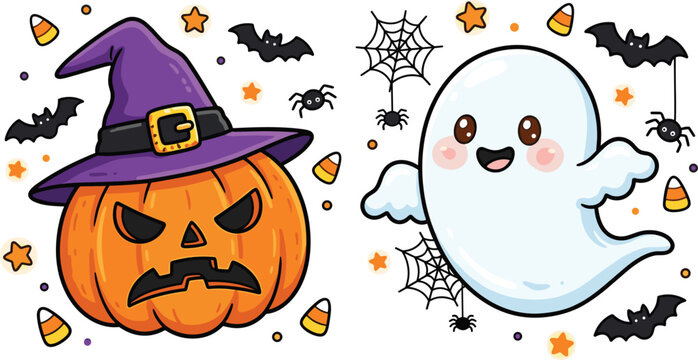 Cute Kawaii Halloween Vector Illustration with Jack O Lantern Pumpkin Wearing Witch Hat and Friendly Floating Ghost Surrounded by Candy Corn Stars Spider Webs and Bats