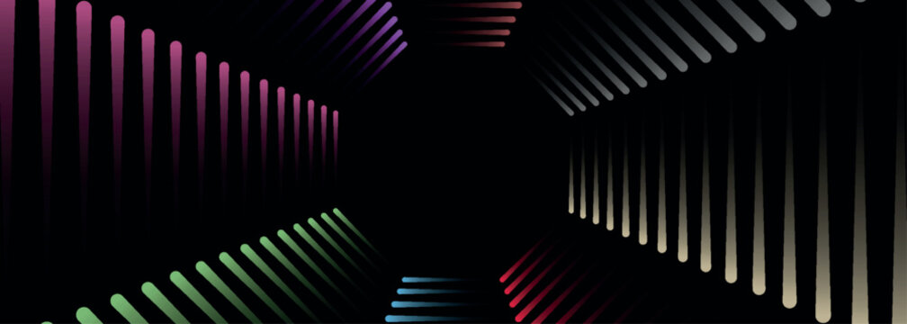 Black abstract background with glowing colorful swirling lines decoration. Minimalist design with trendy moving lines pattern for cover, banner, brochure, presentation, website. EPS. 5
