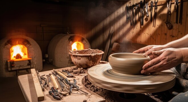 Clay spins on a rustic pottery wheel within a traditional workshop while glowing kilns cast a warm orange light over the creative workspace, shadows, wet, firelight