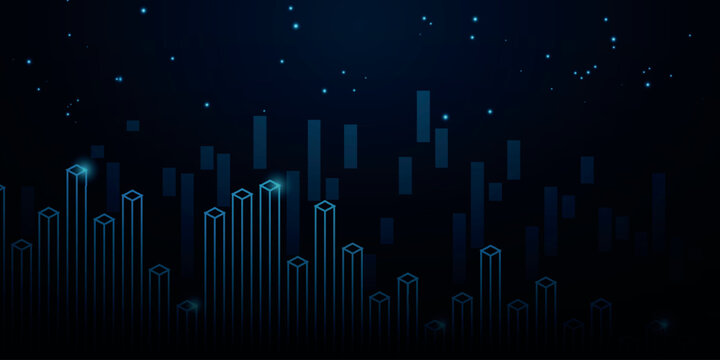 Dark blue gradient business background with futuristic glowing vertical bar elements. Modern chart design with indicator style for market analysis. Vector illustration.