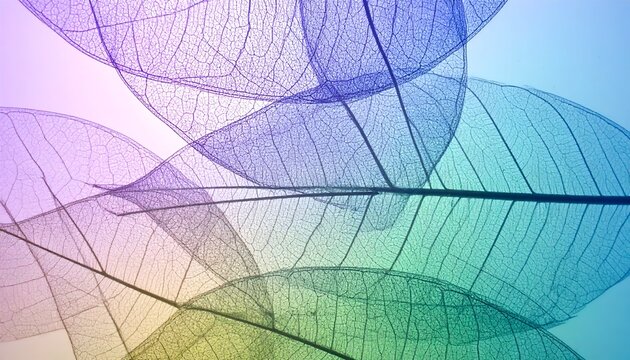 Translucent skeleton leaves layered, softly colorful, floating