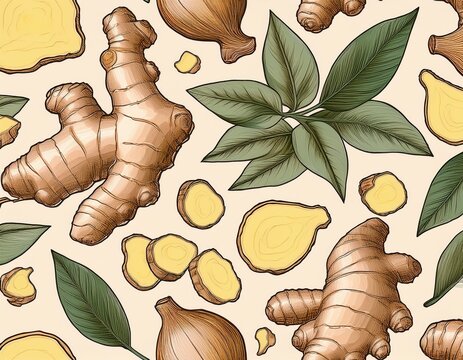 seamless pattern with ginger root slices pieces and leaves linear organic vegetable concept natural spice hand drawn background for print wrapping paper fabric banner textile