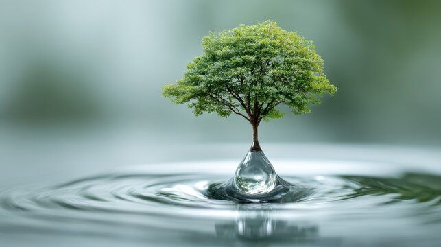 Close-up of a tiny tree growing from a water droplet on a glass surface, symbolizing growth, nature, and environmental sustainability