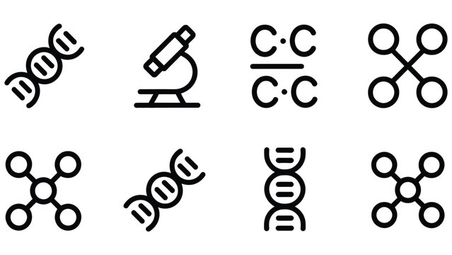 Black line icons of DNA molecules and chemical compounds with a microscope  science and research concepts