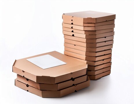 stack of brown pizza boxes with display box isolated on white background photo