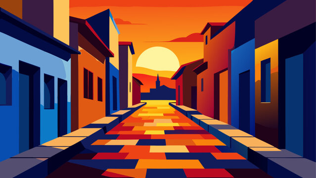 Vibrant city street, colorful buildings, sunset alleyway, urban landscape, vector illustration