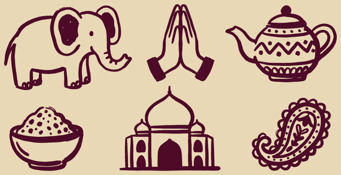 Collection of Indian cultural symbols including elephant, namaste hands, teapot, rice bowl, Taj Mahal, and paisley design.