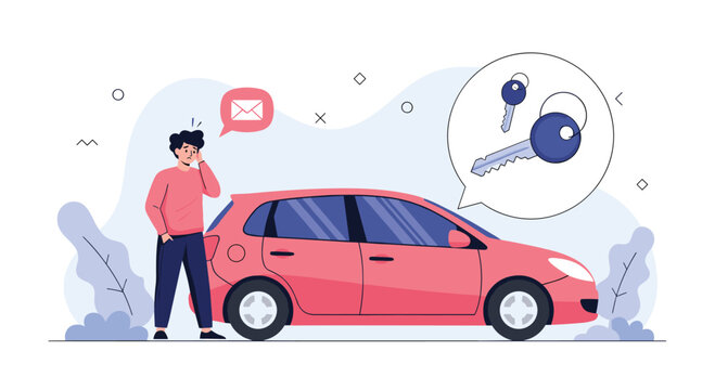 Worried man standing next to his pink car while thinking about lost keys shown in a thought bubble in a stylized outdoor setting.