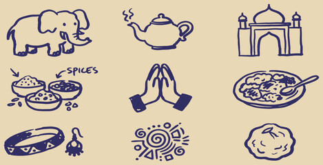 Fototapeta premium Hand drawn vector illustration of Indian culture and cuisine icons on beige background.