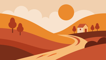 Fototapeta premium Sunset landscape, rural scenery, vector illustration, orange hues, countryside road