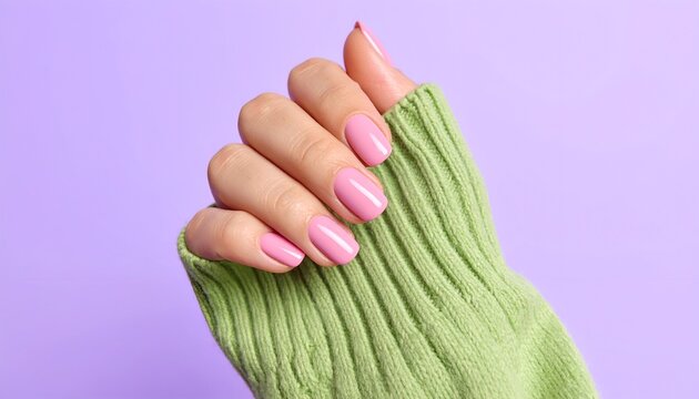 Hand with light pink manicured nails, wearing a green ribbed sweater sleeve