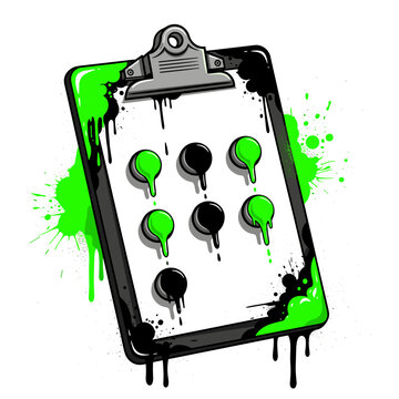 Graffiti Style Clipboard with Neon Green Slime and Oozing Drips, Urban Street Art Vector Illustration with Toxic Splatter Effect