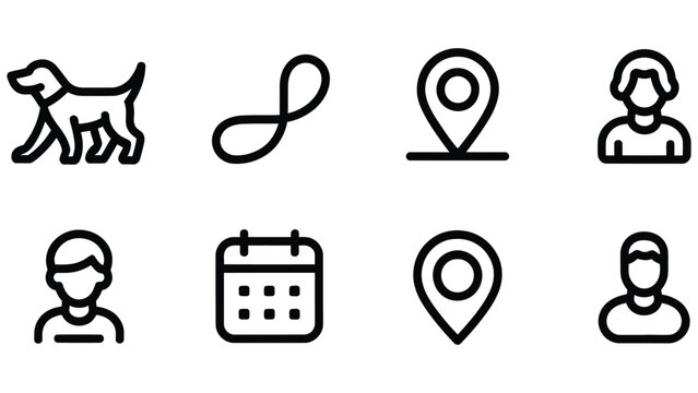Black line icons of dog leash map marker people calendar on white background