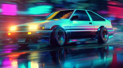 Naklejka premium Retro futuristic drifting cars in motion, bold neon colors, 80s retro animation style, dynamic cinematic lighting, wide view, 4K seamless looping animated wallpaper background