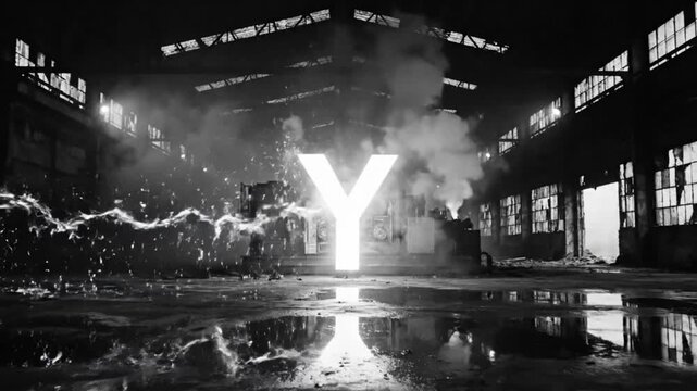 Industrial factory setting with sparks and a giant bright Y reflecting in the water, a dramatic commercial.