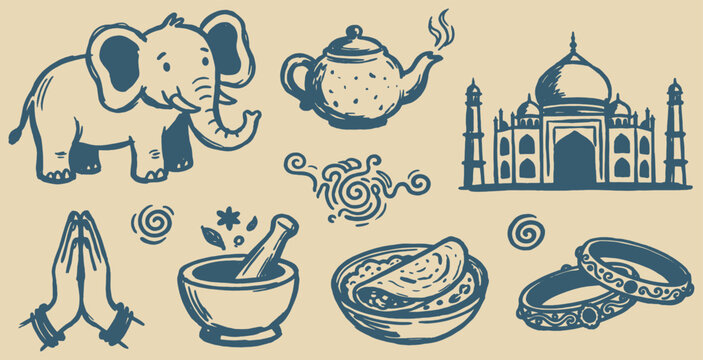 Collection of Indian cultural symbols and icons in a vintage style.