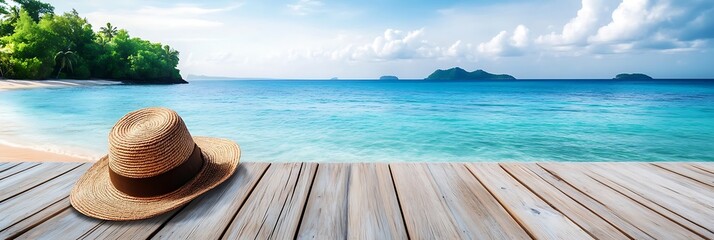 Obraz premium Tropical beach scene with straw hat on wooden deck overlooking turquoise ocean and lush islands
