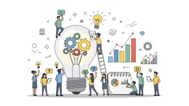 Tiny Corporate Team Working Around Giant Lightbulb with Gears and Finance Charts Transparent SVG Vector for Business Brainstorming and Project Teamwork Concept