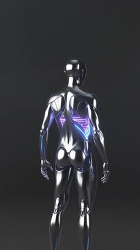 Futuristic Humanoid Robot Rotating with Blue Neon Lights.