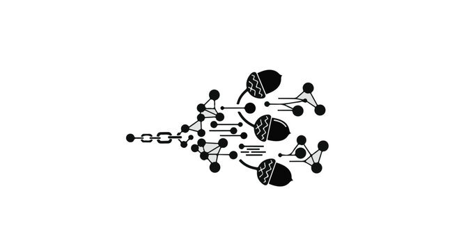 Acorns connected by a network of digital nodes represent the growth of organic data structures.