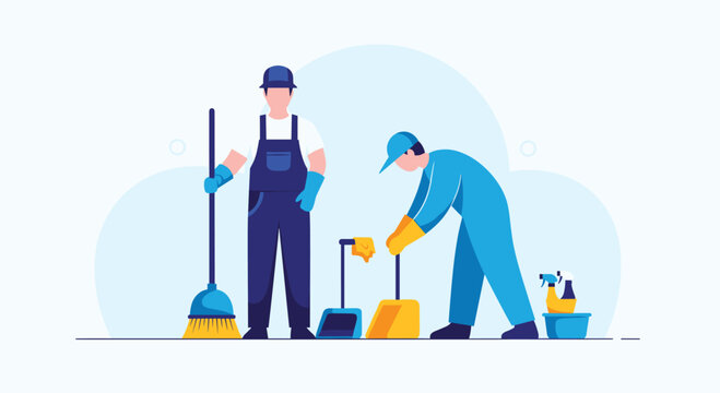 Professional cleaning team consisting of two men in blue uniforms equipped with brooms dustpans and cleaning spray bottles for a tidy space.