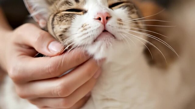 A person's hands gently stroke a contented cat's face.