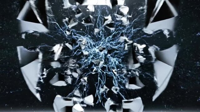 A futuristic humanoid face with metallic skin and blue lightning emanating from it, set against a dark background