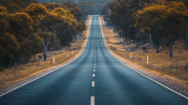 Long straight asphalt highway receding into the distance under a golden autumn canopy rural landscape