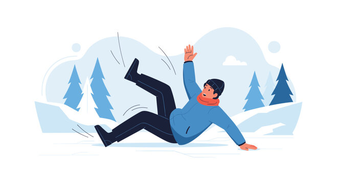 Man in winter clothing slips on an icy patch in a snowy forest with pine trees and falls backward in a dynamic action scene.