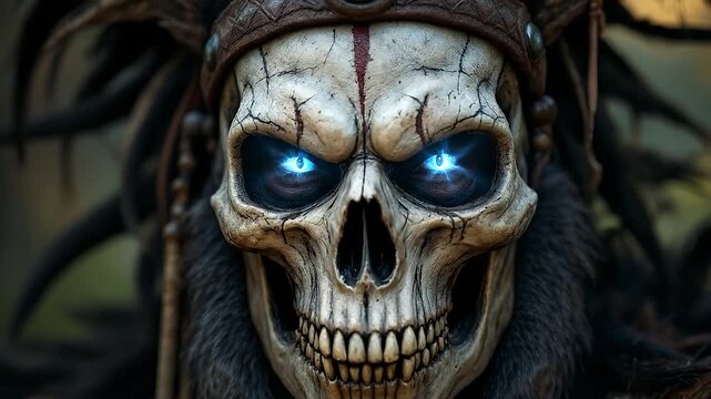 A close-up of a skeletal warrior with glowing blue eyes in a dark forest.
