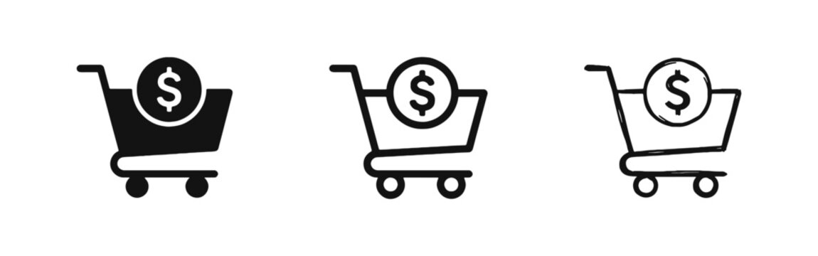 Shopping cart with money dollar icon set in solid, outline, and hand-drawn styles