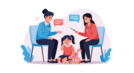 Fototapeta premium Two female pediatricians talk to a crying young girl who has a broken toy while sitting in a bright medical office environment.