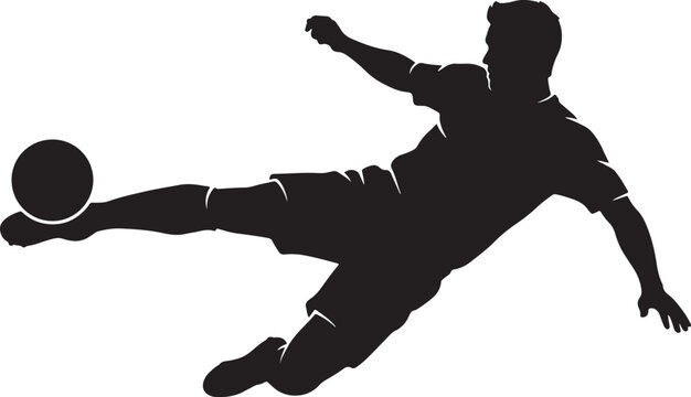 Soccer player kicking a soccer ball silhouette with white background