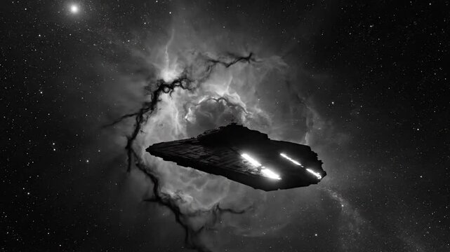 Epic Starship Silhouette Drifting Through a Nebula in the Vastness of Space, Black and White Aesthetic