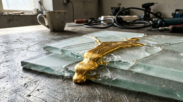 Viscous Liquid Gold Flowing Between Shattered Frosted Glass Layers