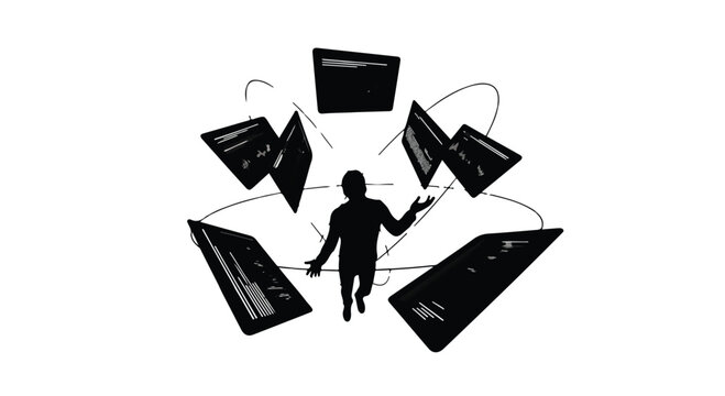 Silhouette of a person juggling multiple abstract screens, representing multitasking and digital management in a complex environment.