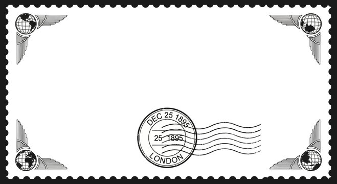 Vintage Postage Stamp with Globe Corners and Postmark.