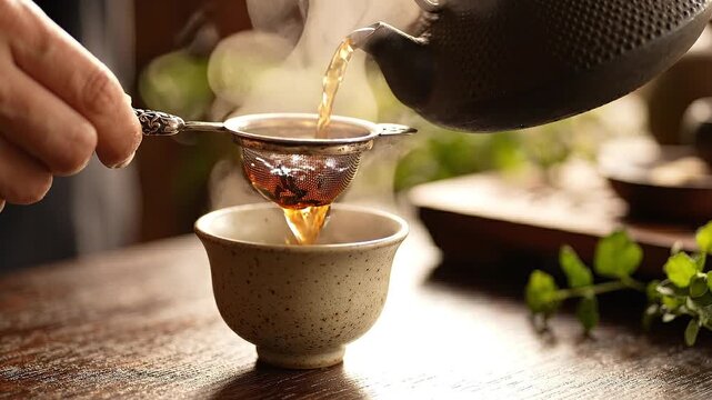 Closeup of a person pouring hot tea from a traditional cast iron teapot through a metal strainer into a ceramic cup on a wooden table