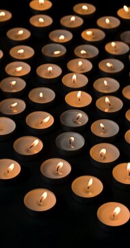 View of many small candles burning against dark background