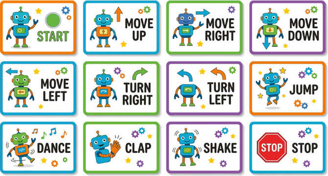 Rainbow robot coding cards for preschool learning