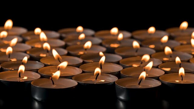 View of many small candles burning against dark background