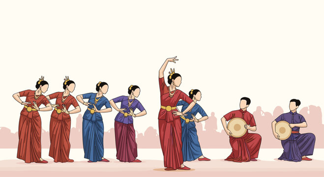 Traditional dancers in colorful ethnic costumes performing a synchronized routine alongside musicians playing drums on a stage.