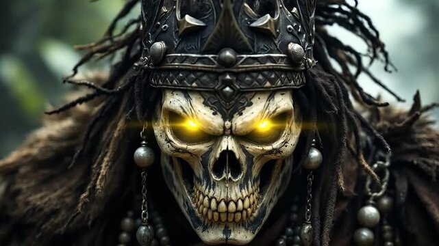 A fearsome skull warrior with glowing eyes and a dark crown.