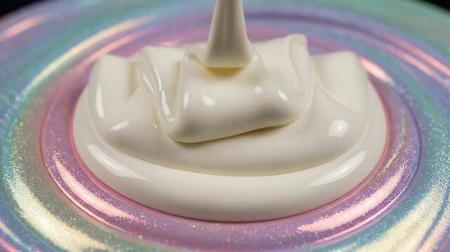 Close Up View of Iridescent Rainbow Slime Creating Concentric Ripple Rings on a Glossy Surface