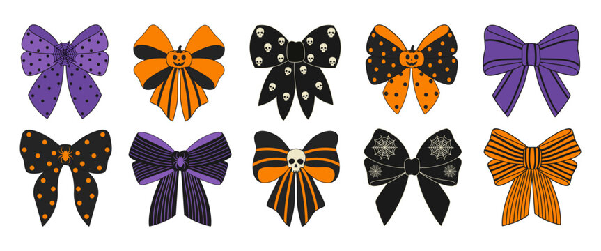 Collection of  decorative ribbon bows with spooky halloween patterns including skulls pumpkins spiders and webs