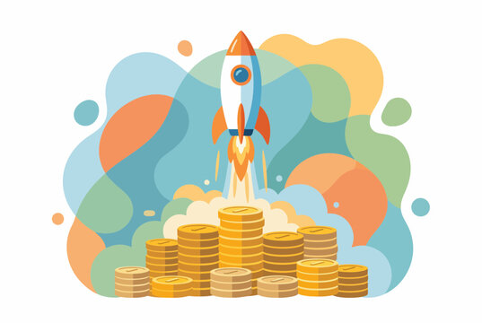 Business Rocket Launching from Stacks of Gold Coins for Success